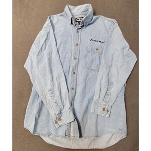 EUC Three Rivers Men Parrot Head Blue Denim Shirt Five O'Clock Somewhere  Large